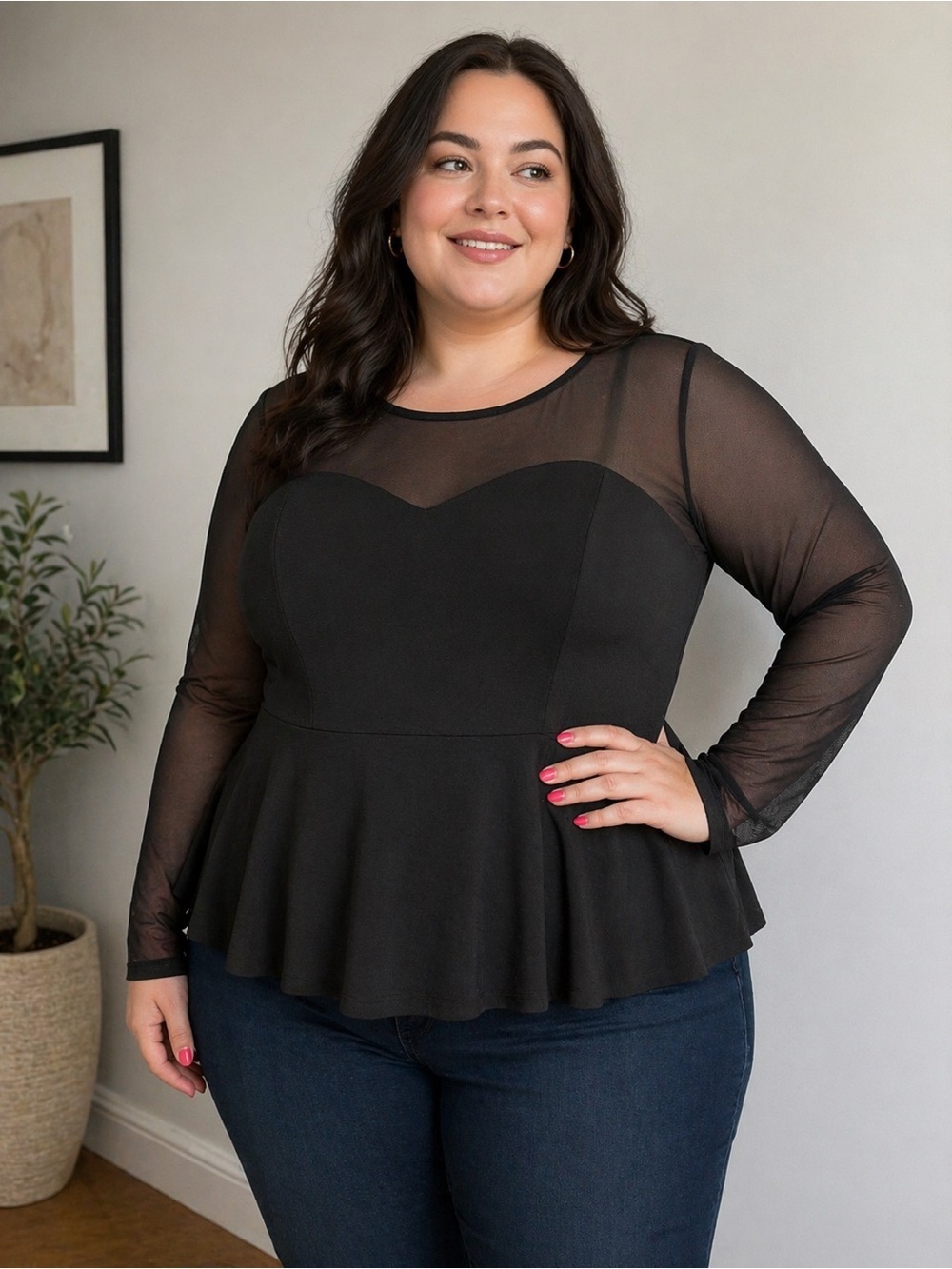 Black Mesh Sleeve Peplum Top 4XL Sheer Long Sleeve Stretch Blouse Plus Size